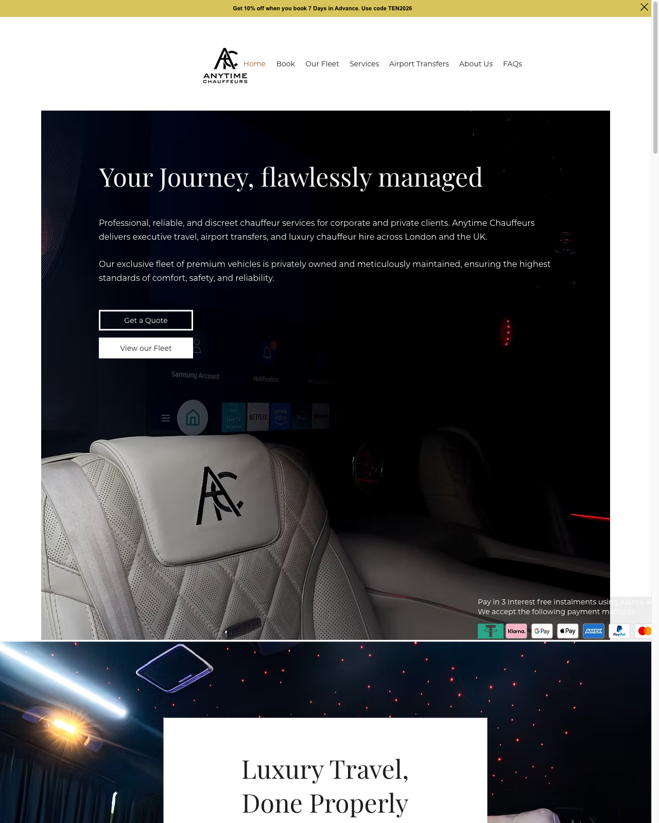 Anytime Chauffeurs concept website — a luxury London transport brand: a dark editorial hero ‘Your Journey, flawlessly managed’, with a quote flow and fleet showcase.